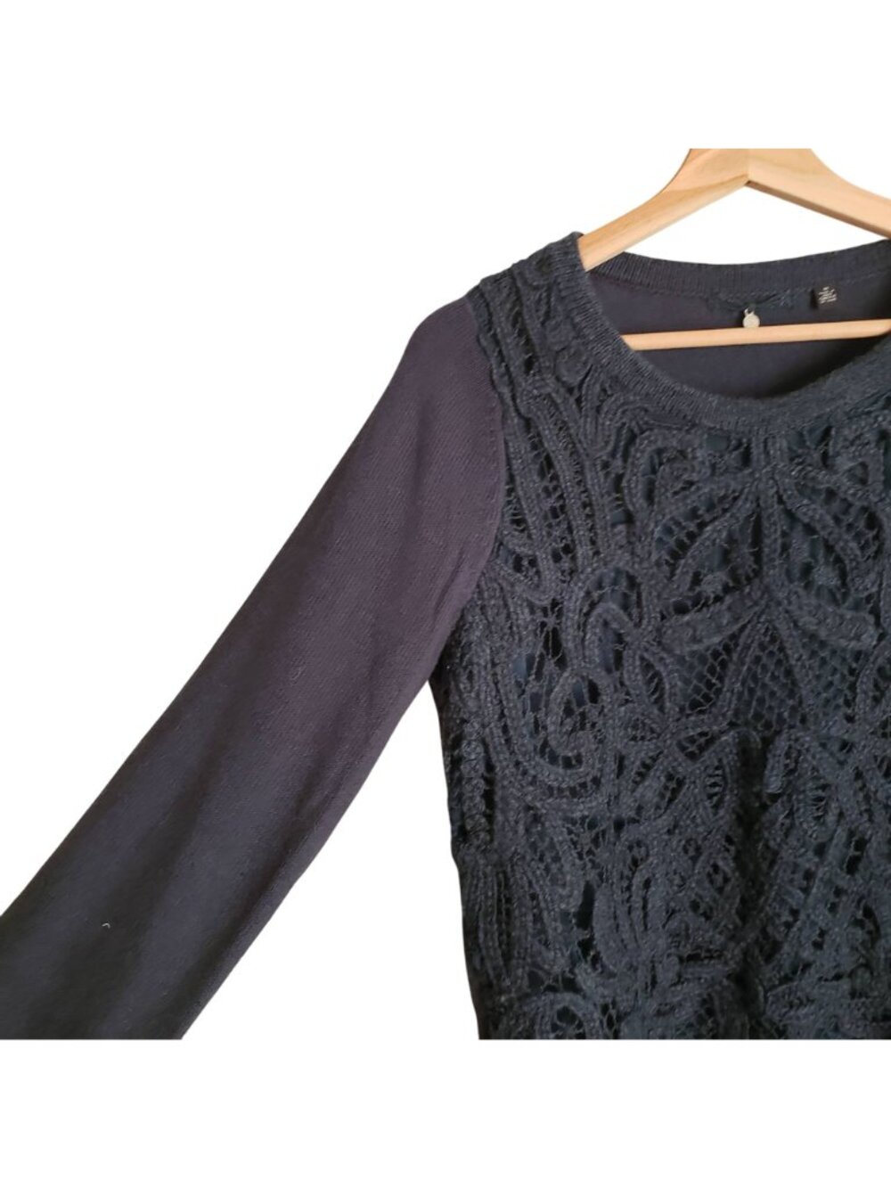Anthropologie Crochet Wool Sweater M Dark Blue w Intricate Lace Front Pullover - Picture 6 of 10